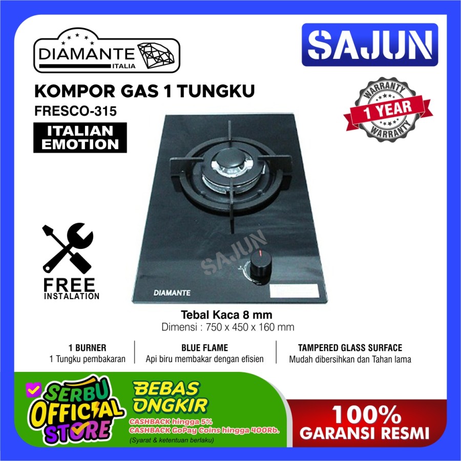 DIAMANTE Kompor Gas 1 Tungku Tanam - Built In Hob FRESCO-315