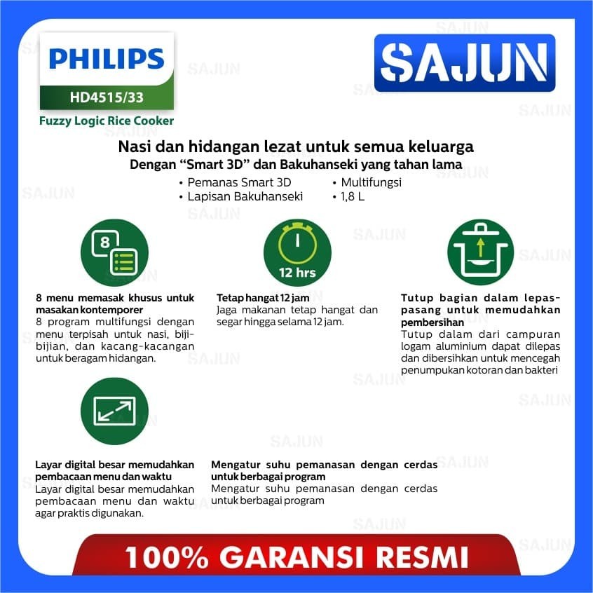 Philips HD4515 Rice Cooker Digital 1.8 Liter Fuzzy Logic HD-4515 /33 - Merah