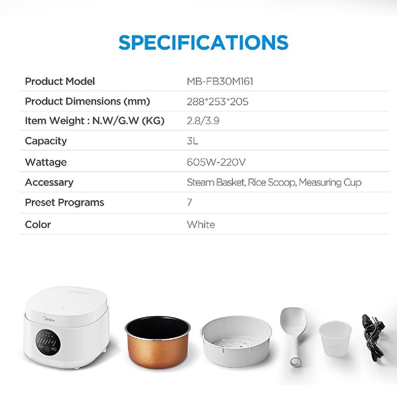 Midea Digital Rice Cooker 1L - MB-FB30M161W - 5 Layer and 7 Preset Menu