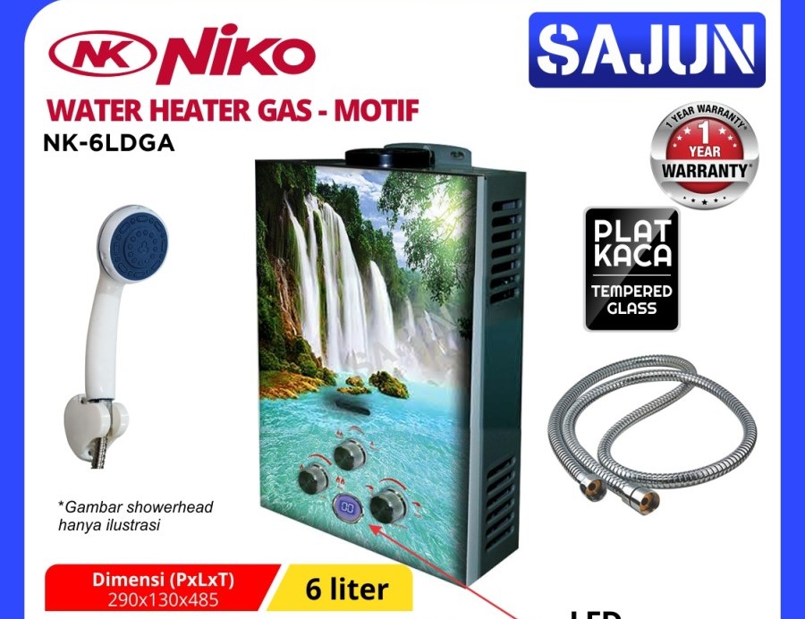 Water Heater Gas Niko NK-6LDGA/B/C/D Digital LED Display Motif (KACA)