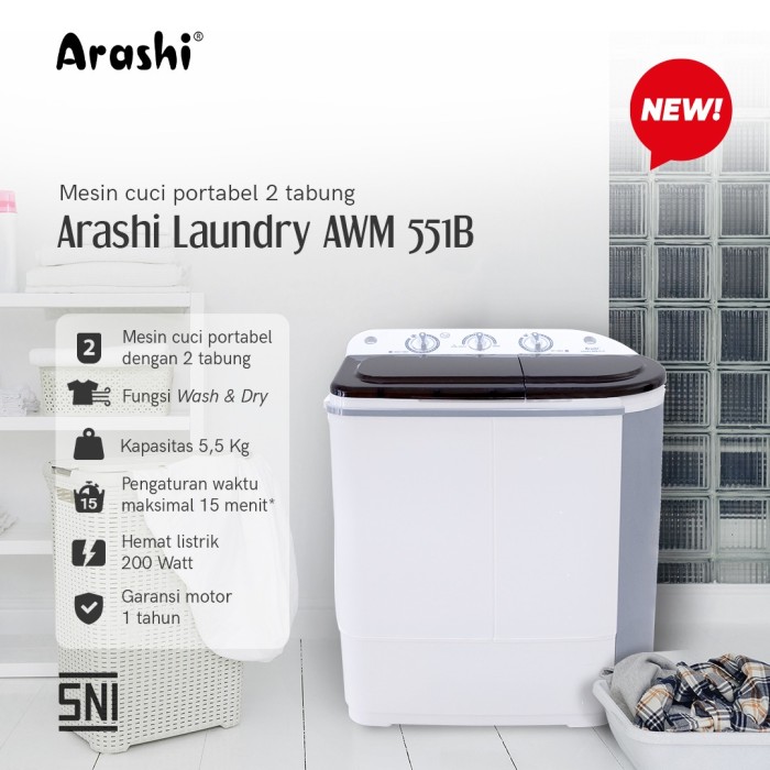 Arashi Laundry AWM-551B Mesin Cuci Mini 2 Tabung 5.5 KG AWM551B