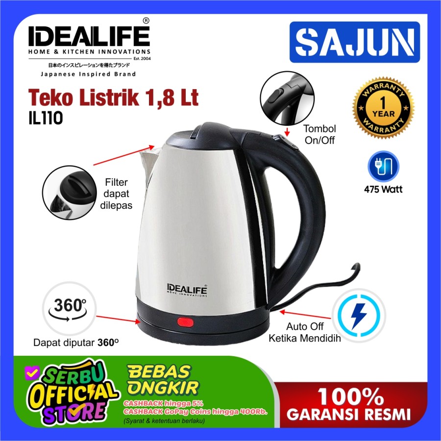 IDEALIFE Electric Kettle IL110 Teko Listrik 1.8Litre - IL-110
