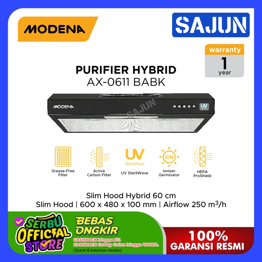 Modena Purifier Slim Hood Hybrid 60cm AX-0611 BABK Cooker Hood AX0611