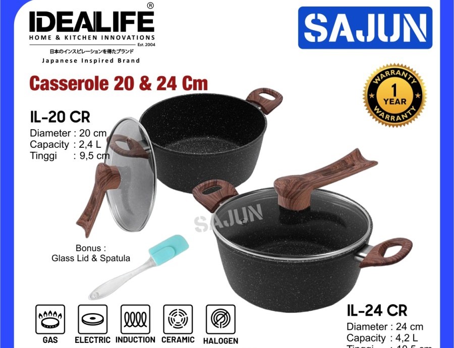 IDEALIFE Casserole Cookware 20 cm / 24 cm Panci IL-20CR / IL-24CR