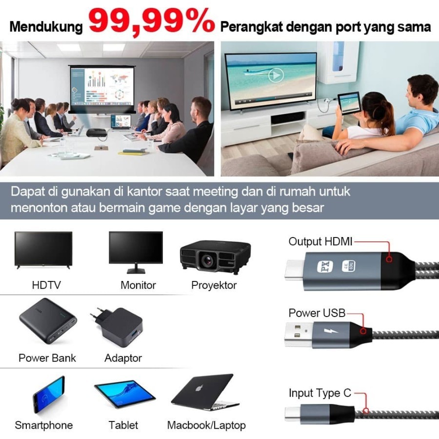 PXType C USB Smartphone ke TV HDMI Kabel Converter PX MHA-200C 2M