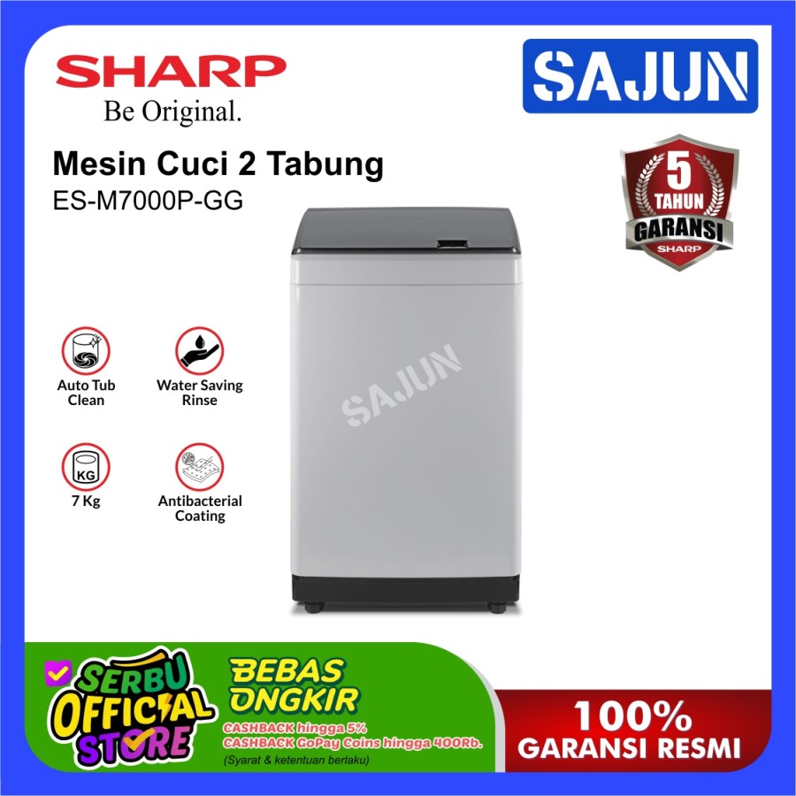 Sharp Mesin Cuci 1 Tabung ES-M7000P-GG Top Loading 7KG