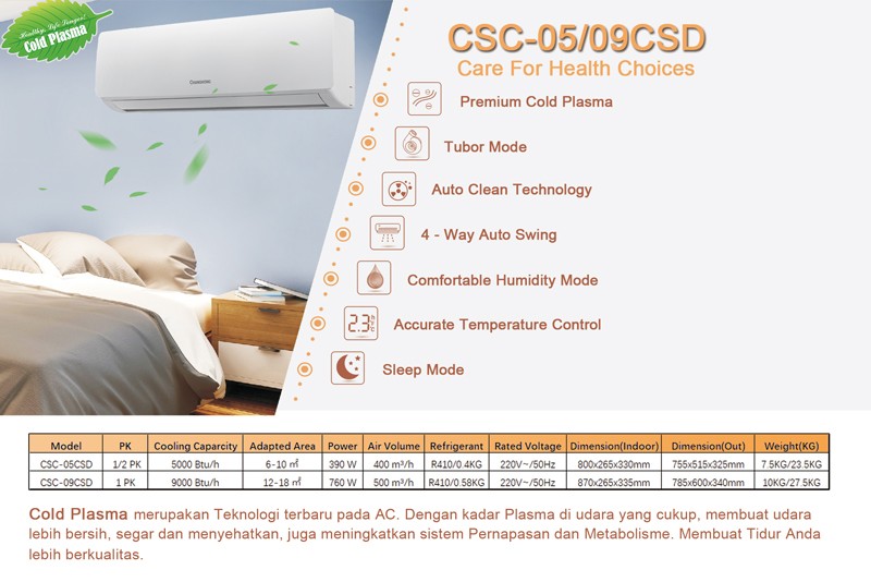 AC Split 1 PK Changhong CSC-09CSD Premium Plasma Gold Fin CSC09CSD
