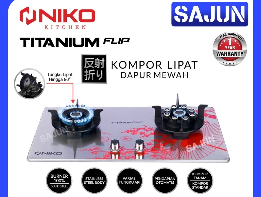 Niko Kompor Gas 2 Tungku TITANIUM FLIP TF20 Kompor Tanam & Lipat