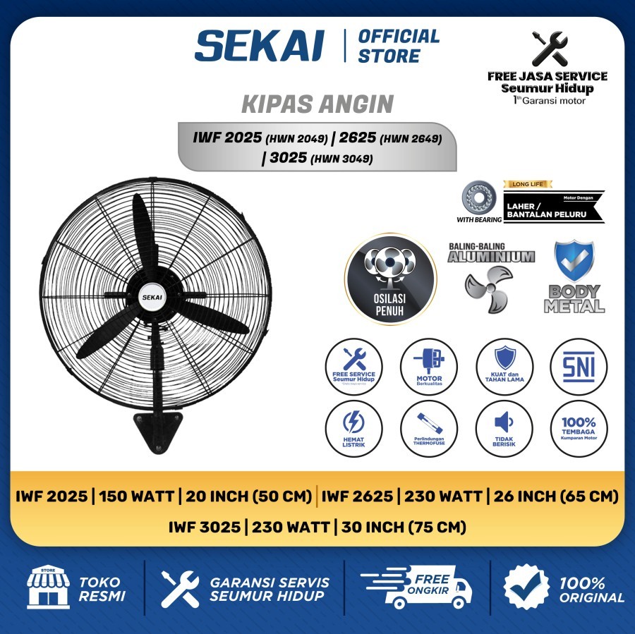 Sekai Kipas Angin Dinding Tornado / Kipas Angin Industri Alumunium 20 Inch / 26 Inch / 30 Inch - IWF 2025 / IWF 2625 / IWF 3025 - 30 Inch