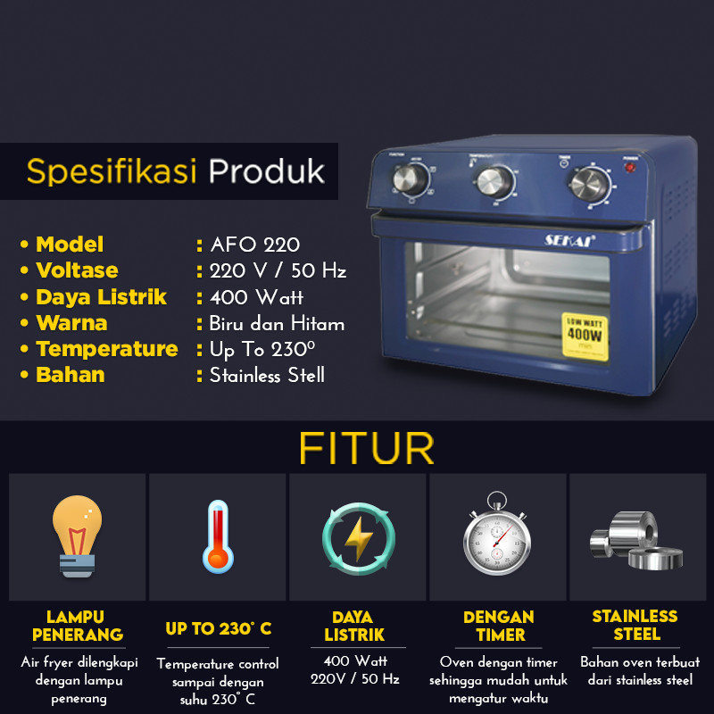 SEKAI Air Fryer Oven 2in1 AFO220 Kapasitas 22 Liter AFO 220 - Biru