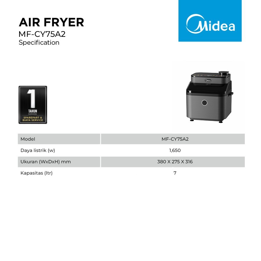 Midea Digital Air Fryer 7 Liter MF-CY75A2 2 in 1 Juicy Mode MFCY75A2