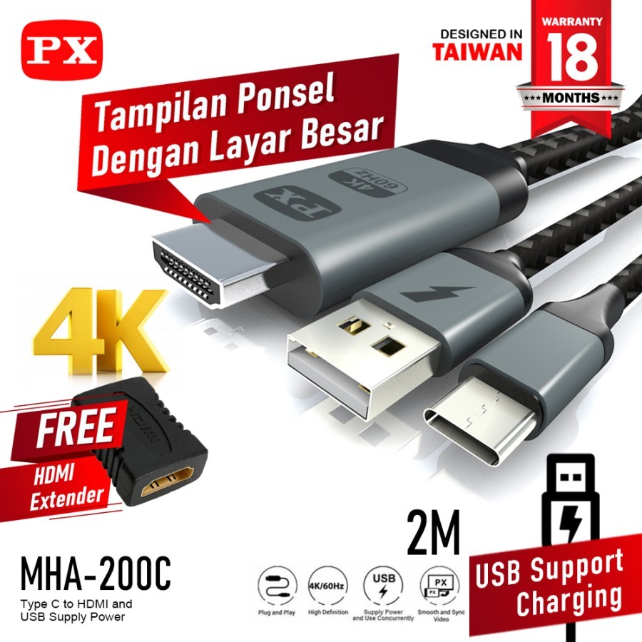 PXType C USB Smartphone ke TV HDMI Kabel Converter PX MHA-200C 2M