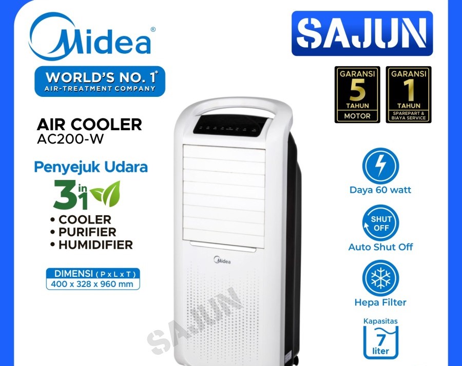 Air Cooler 3 in1 Midea AC200W Penyejuk Ruangan 7Lt HEPA Filter AC200-W
