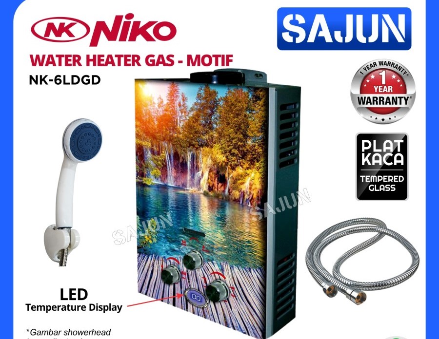 Water Heater Gas Niko NK-6LDGA/B/C/D Digital LED Display Motif (KACA)