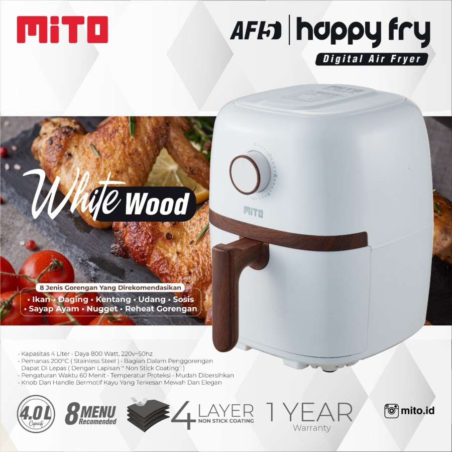 Mito Digital Air Fryer Wood Series AF5 Happy Fry 4L 800 watt - WHITE-WOOD