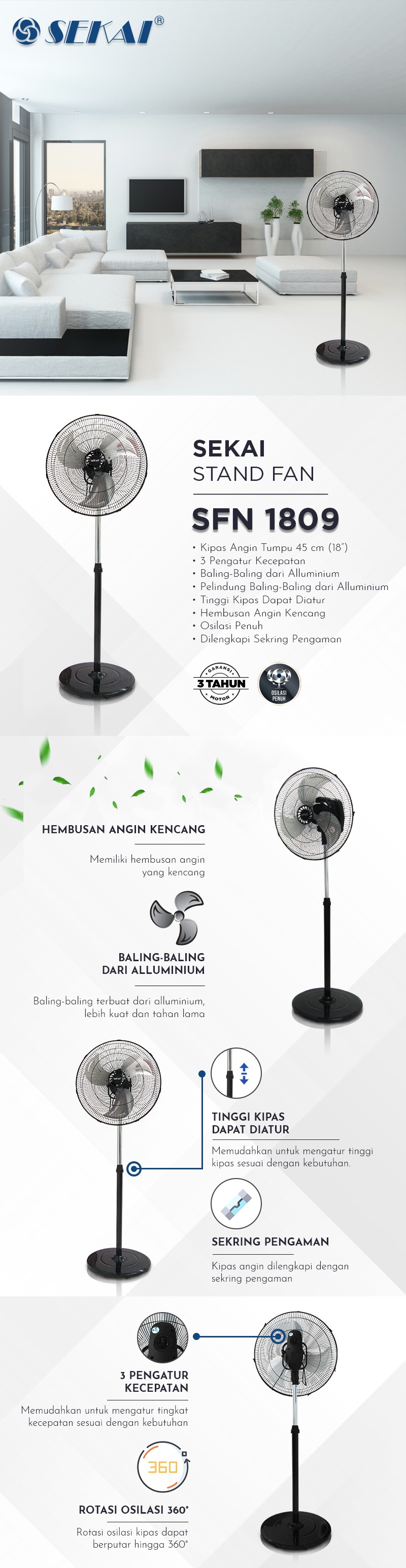 Sekai Kipas Angin 18 Inch SFN1809 Tumpu Performa Tinggi SFN 1809