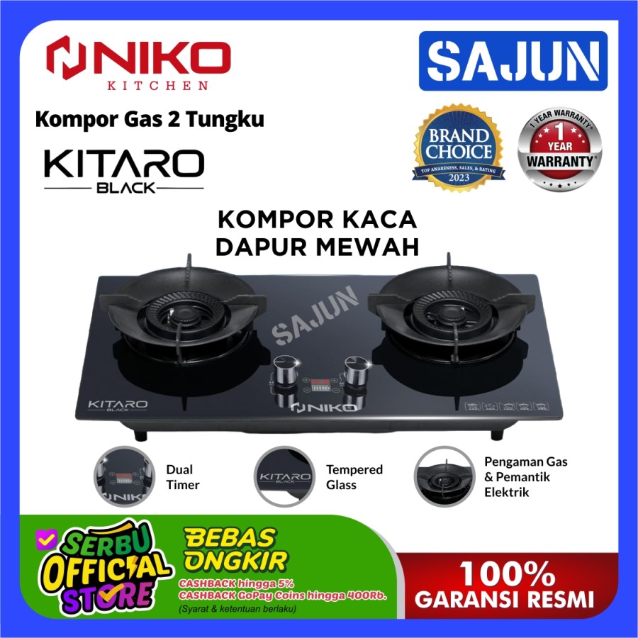 Niko Kitaro Black Kompor Gas 2 Tungku Kompor Tanam Kaca Double Timer