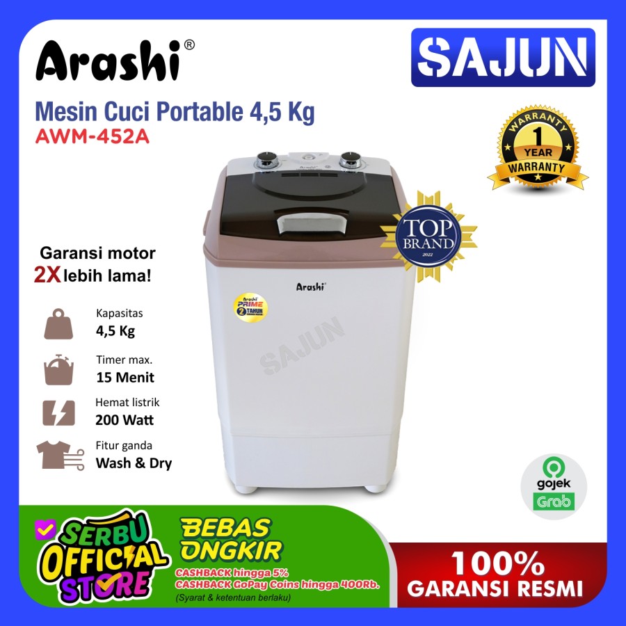 Arashi Laundry AWM 452A Mesin Cuci Mini 1 Tabung 4.5 KG AWM452A