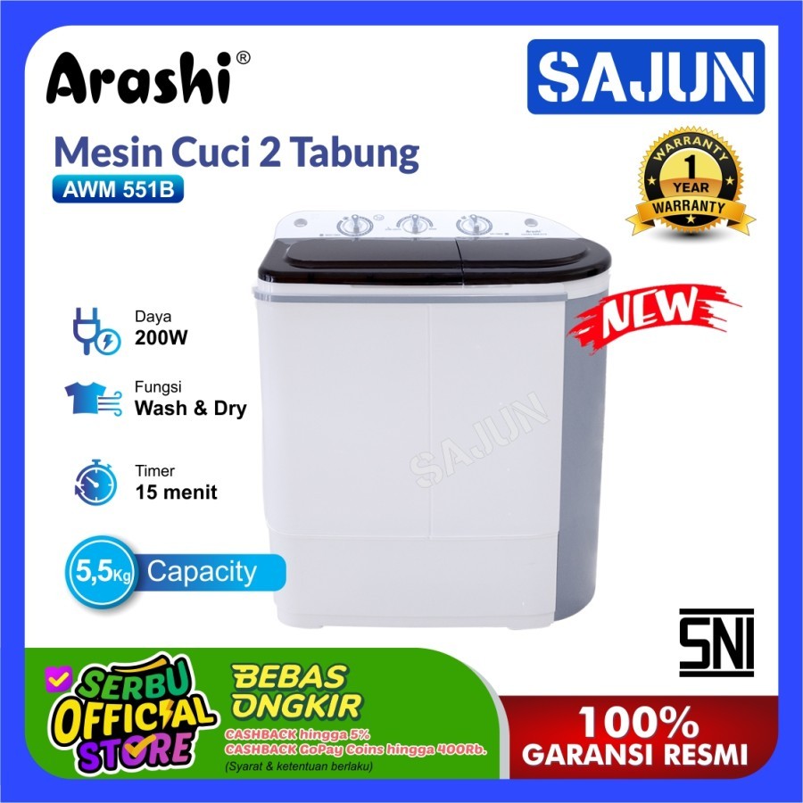 Arashi Laundry AWM-551B Mesin Cuci Mini 2 Tabung 5.5 KG AWM551B