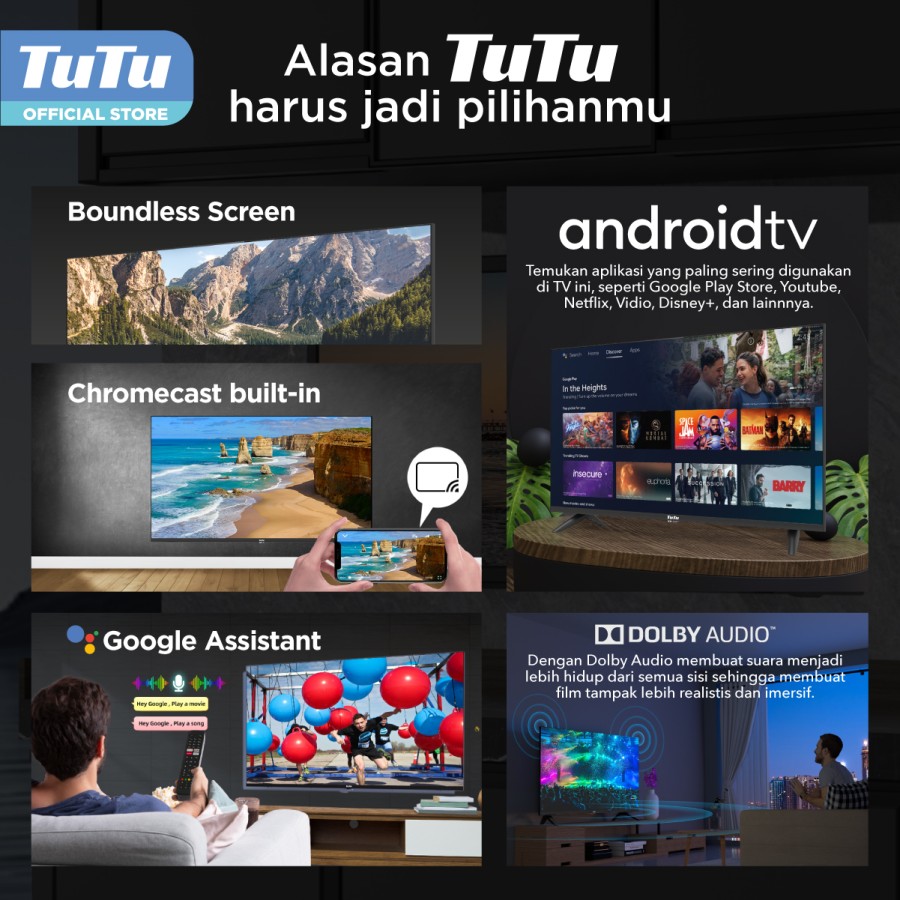 TUTU Google TV 32inch Smart Digital TV HD Google Assistant Youtube