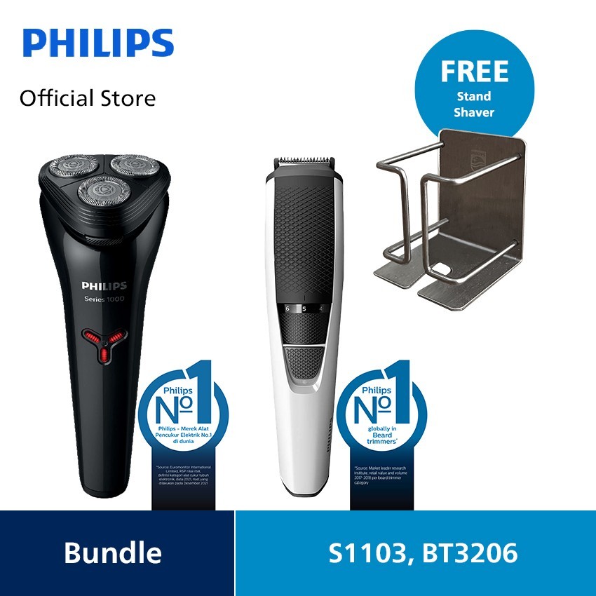 Philips Men Set (Shaver S1103/02 + Trimmer BT3206/14) Free ShaverStand