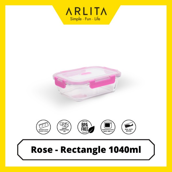 ARLITA ROSE SET - RECTANGLE - GLASS CONTAINER SET ISI 3 Kotak Makanan