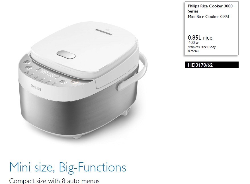 PHILIPS HD3170/33 Mini Rice Cooker Digital 0,85 Liter HD 3170 HD3170