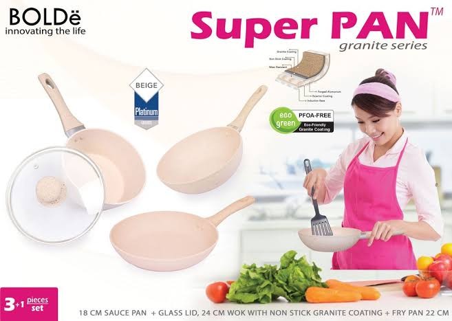 BOLDe Super Pan Set 3+1 Panci Granite Ceramic Cookware Induksi Beige