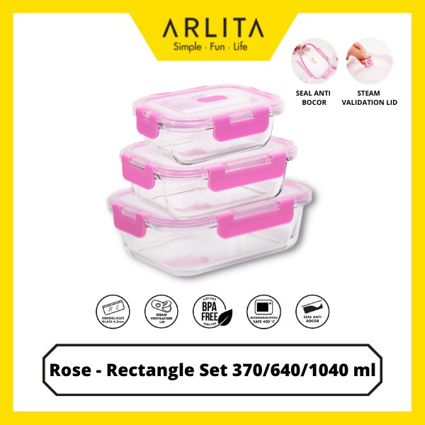 ARLITA ROSE SET - RECTANGLE - GLASS CONTAINER SET ISI 3 Kotak Makanan
