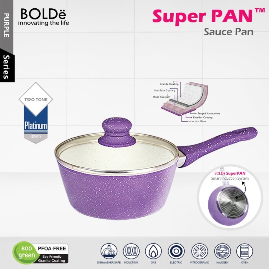 BOLDe Super PAN - Sauce PAN 18 cm + Tutup Kaca Granite Purple Series