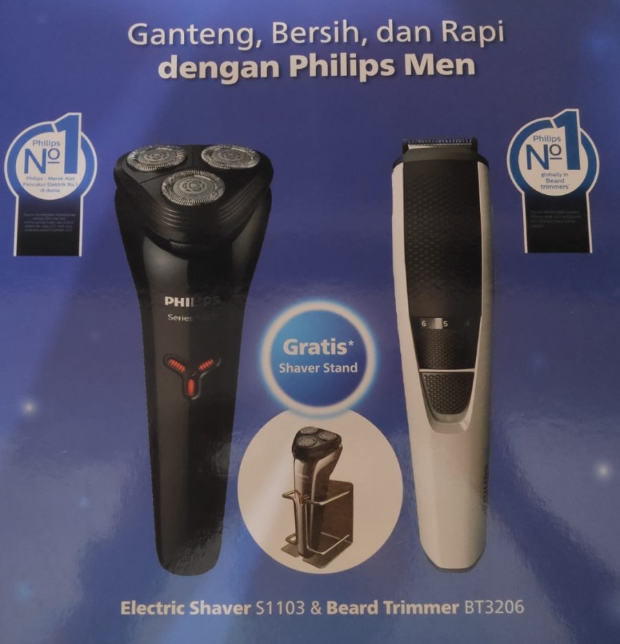 Philips Men Set (Shaver S1103/02 + Trimmer BT3206/14) Free ShaverStand