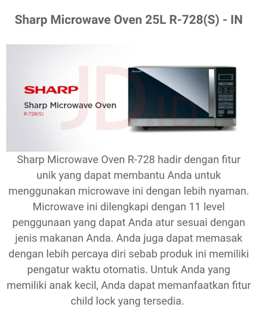 Microwave SHARP R-728 IN / SHARP R728 S/W/B Grill 25 Liter 1000w 