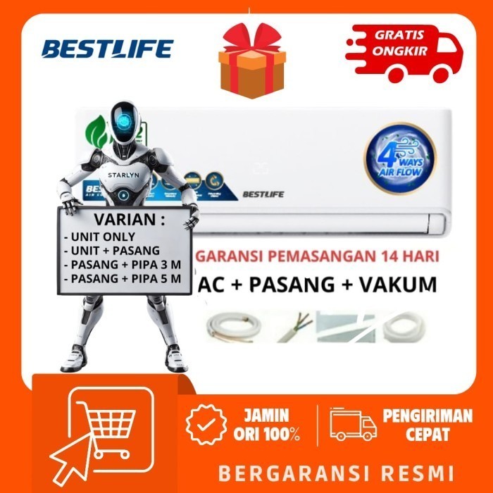 AC BESTLIFE SPLIT 1,5 PK - 12QAR3 + PASANG GOLDFIN / 4in1 FILTER / SELF CLEANING BEST-12 QAR3