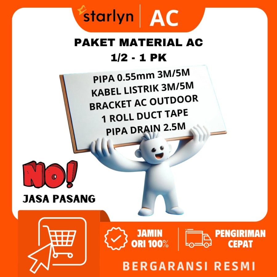 PAKET MATERIAL AC 1/2 - 1 PK PILIHAN 3 / 5 METER PIPA PREMIUM 0.55mm