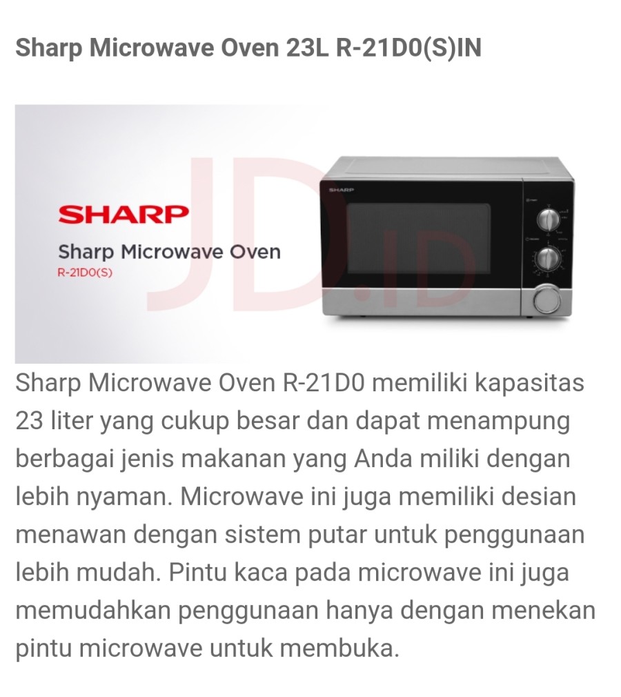 Microwave Sharp R21D0 Straight Microwave Oven 23 Liter R-21D0(S)IN 
