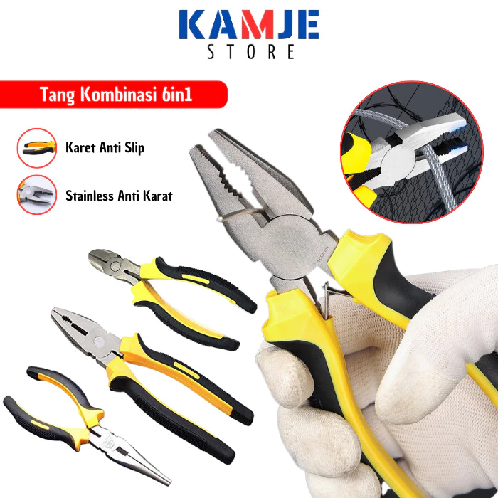 KAMJE Tang Potong Kombinasi Lancip 6in1 Alat Jepit Pembuka Kabel Anti Slip Anti Karat Serbaguna