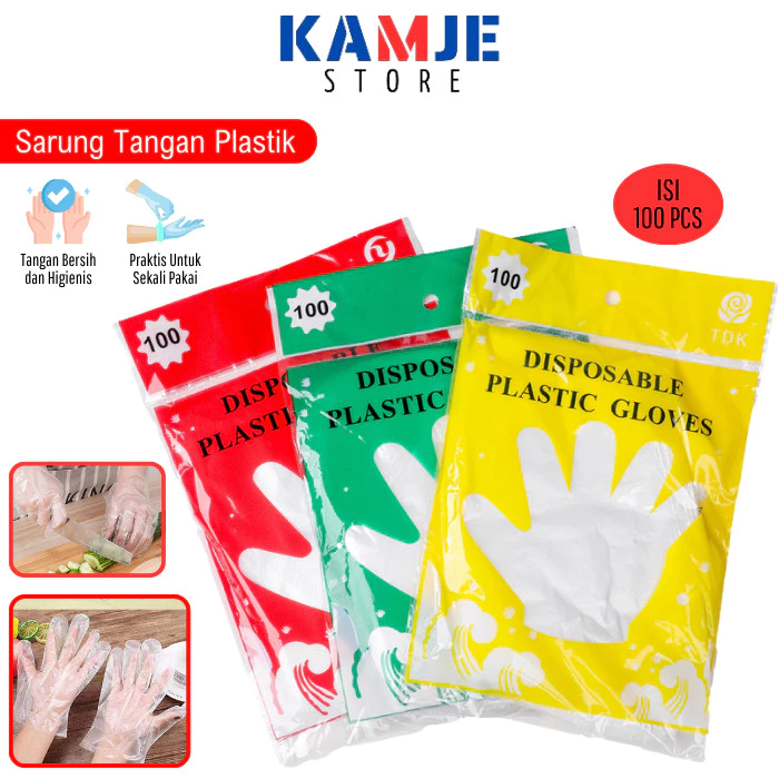KAMJE Sarung Tangan Plastik 100 Pcs Tebal Transparan Sekali Pakai Disposable Gloves