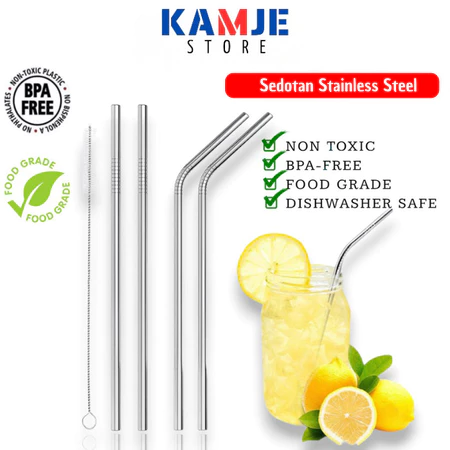 KAMJE Sedotan Stainless Steril Anti Karat Reusable Straw 21.5 Cm Bengkok Melengkung Lurus dan Sikat