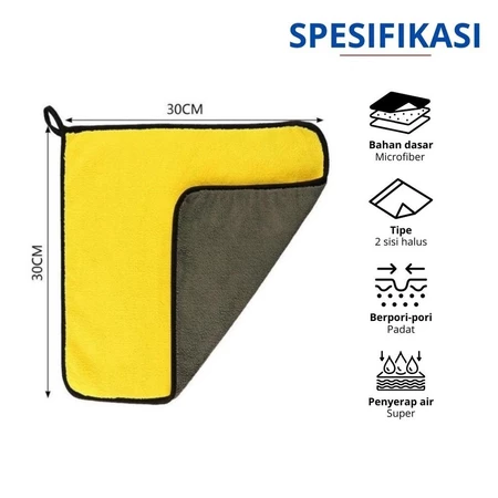 KAMJE Kain Lap Microfiber Kuning Motor Mobil Jumbo 2 Sisi 30x30cm Lembut Tebal Serbaguna