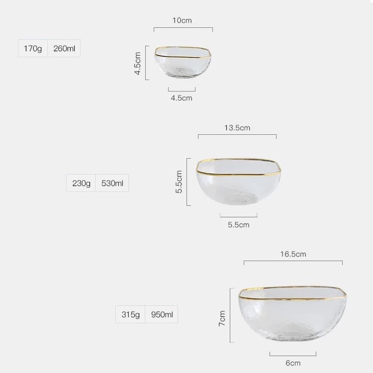Clear Square Bowl with Gold Rim/Mangkok Kaca Gold Rim 