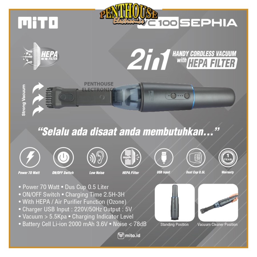 Mito Vacuum Cleaner VC 100 SEPHIA 2 In 1 Cordless Hepa Filter / VC100