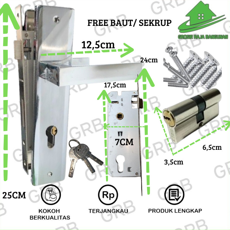Door Handle Set/Gagang Kunci Pintu KOTAK 25 CM Ukuran BESAR /Pegangan Pintu/Slot Kunci Hendel Kunci Pintu Set Warna Silver