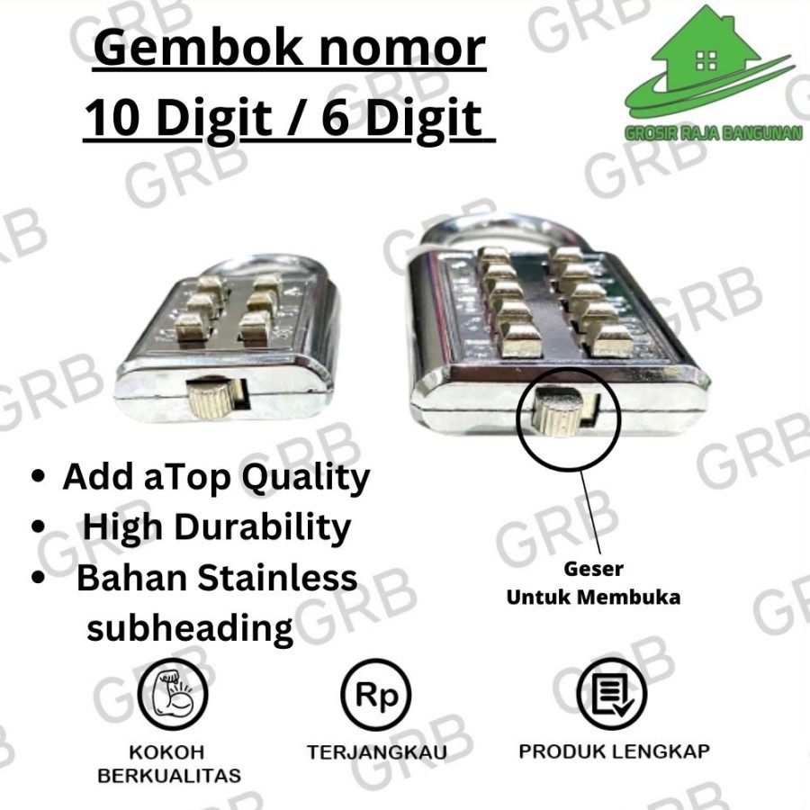 Gembok nomer angka pagar Number Padlock 10 digit 6 digit GRB
