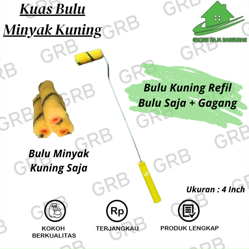 Kuas Roll Bulu Minyak Kuningg Kapall 4 inch 1PCS & LUSINAN/Bulu Minyak Plus Gagang Refil Bulu Saja 4 inch/Kuas Minyak Kuning/Kuas Cat Tembok