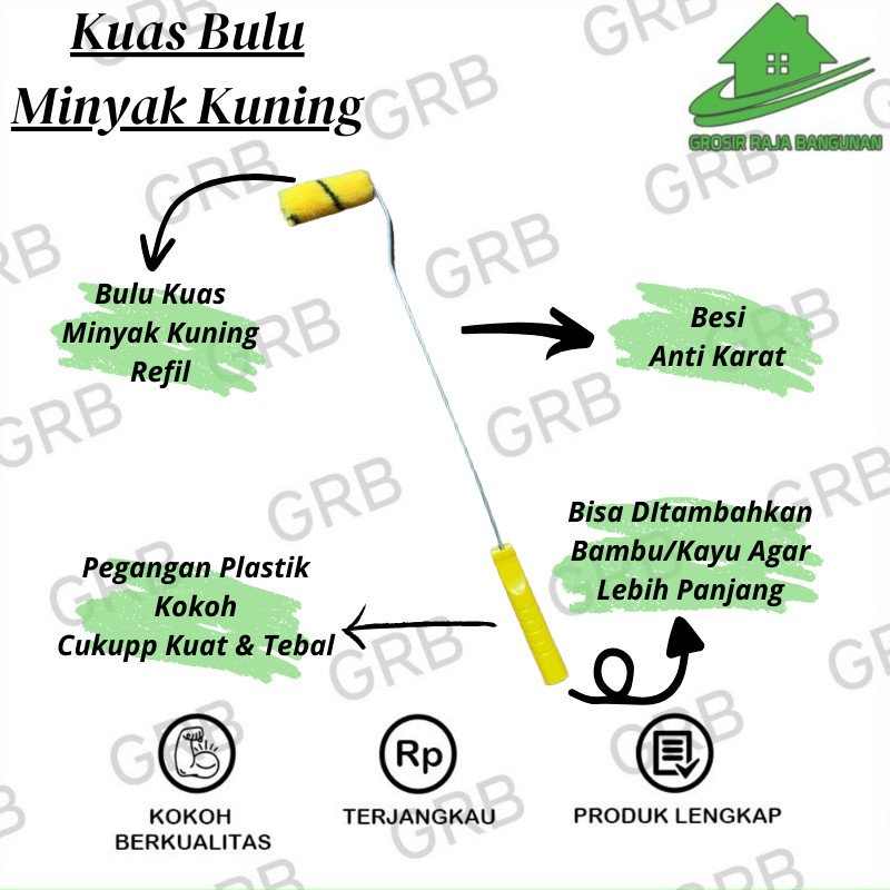 Kuas Roll Bulu Minyak Kuningg Kapall 4 inch 1PCS & LUSINAN/Bulu Minyak Plus Gagang Refil Bulu Saja 4 inch/Kuas Minyak Kuning/Kuas Cat Tembok