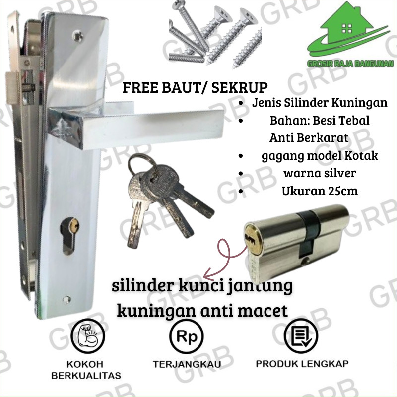 Door Handle Set/Gagang Kunci Pintu KOTAK 25 CM Ukuran BESAR /Pegangan Pintu/Slot Kunci Hendel Kunci Pintu Set Warna Silver