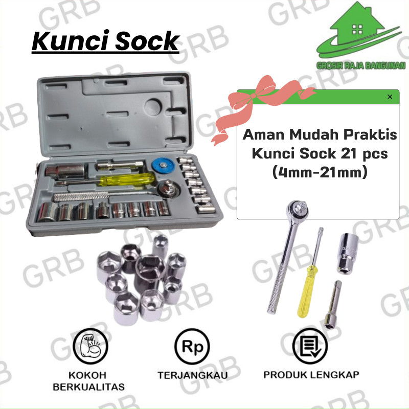 Kunci Sock Set 21 PCS/Kunci Shock Socket 4 mm-21 mm/Kunci Sok Set Alat Bengkel Mesin