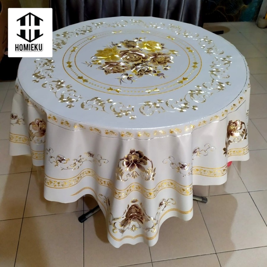 Taplak meja makan bulat minimalis oriental 8 kursi 180 cm mewah