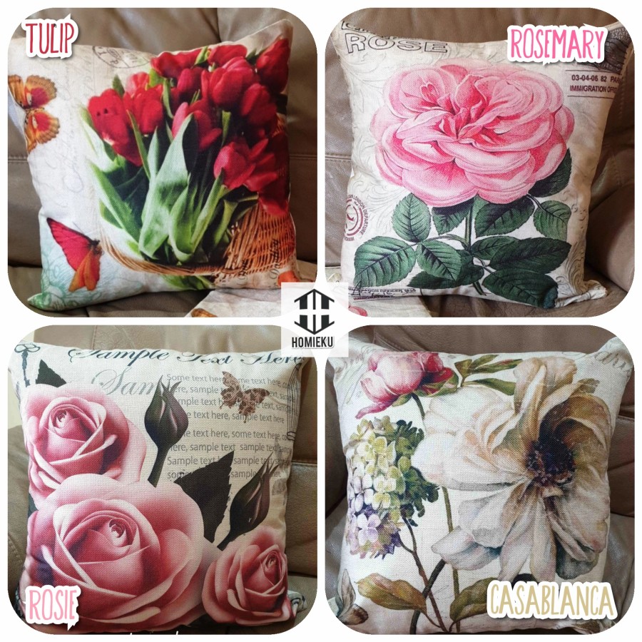 Sarung Bantal Sofa Kursi Linen Shabby Chic Bunga 40x40 45x45 50x50 cm