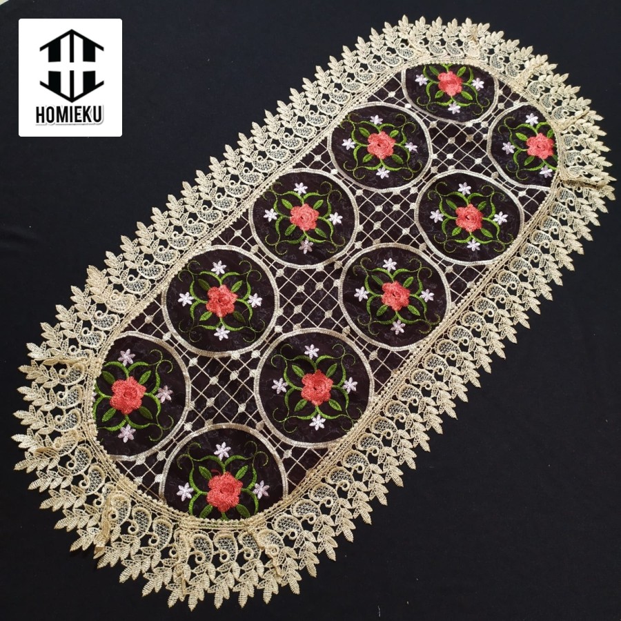 Taplak Meja Tamu Oval Mewah bordir cantik emas 45x90 45x100 cm 1 meter 